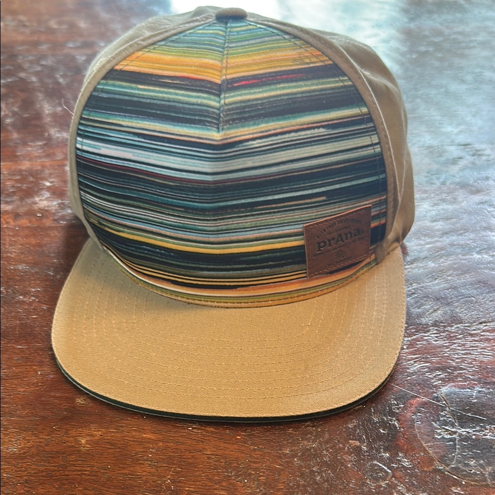 Prana Tan Snapback Hat with Striped Design